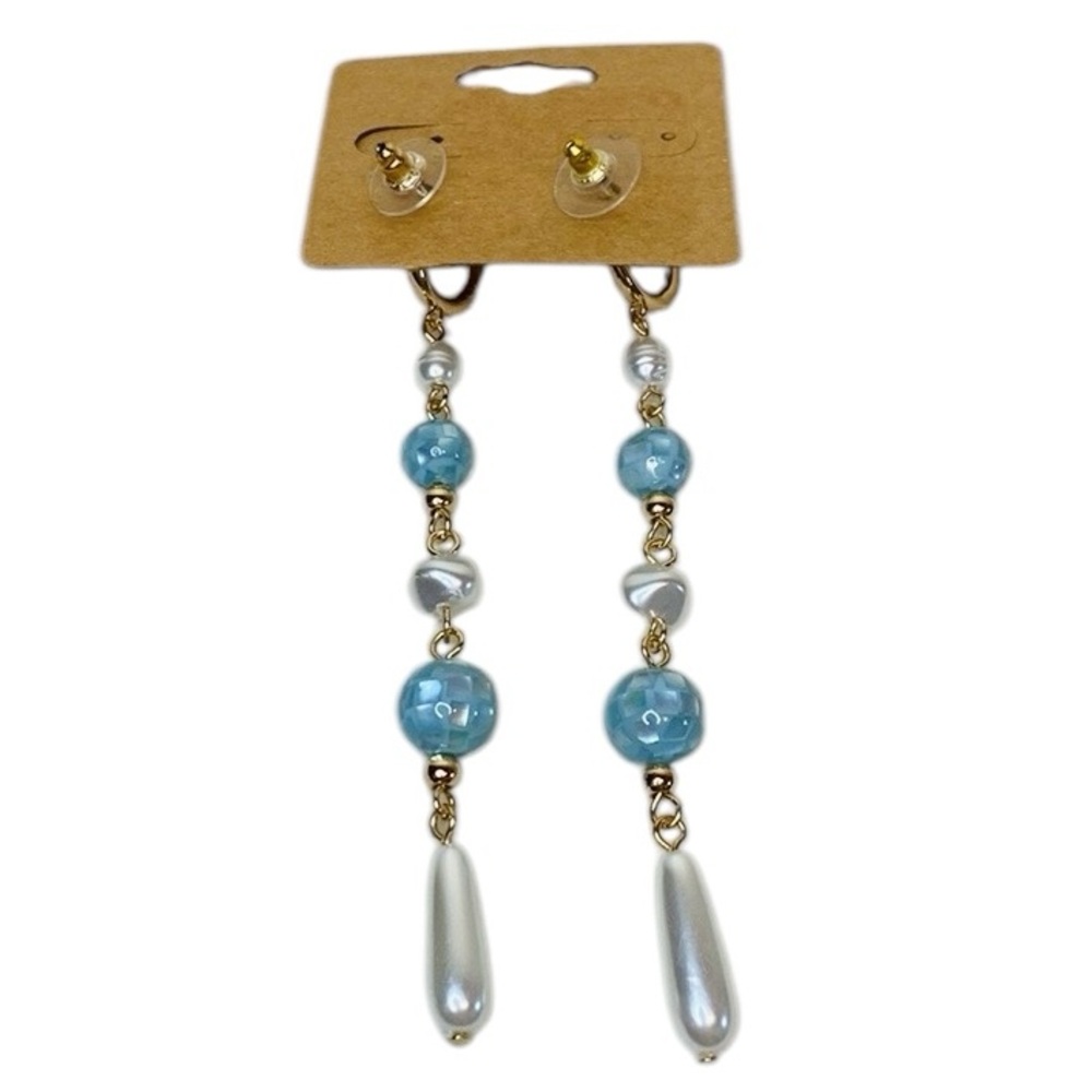 NWOT Blue/Gold-Tone Pearl Beaded Earrings - Picture 5 of 7